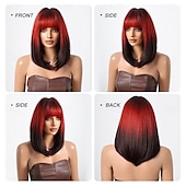 economico Parrucche da festa-Parrucche bob nere e rosse con frangia, parrucche corte rosse e nere per donne nere, parrucca sintetica da 16 pollici, parrucche per cosplay, parrucche per feste di Halloween.