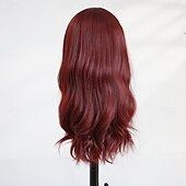 abordables Pelucas de fiesta-Peluca ondulada color burdeos de 20 pulgadas para mujer: flequillo completo, cabello largo, ideal para Halloween, cosplay y estilos de moda actuales.