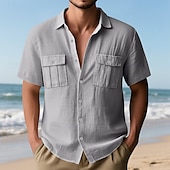 voordelige Vakantie-Voor heren Overhemd Linnen overhemd Zomer overhemd Strand Kleding Overhemd met knopen Cargoshirt Effen Kleur Vakantie Straat Zwart Wit Marineblauw blauw Korte mouw Strijkijzer Zomer Lente Kleding Zak