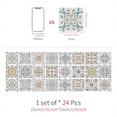 baratos Adesivos de Parede-Adesivos de azulejo estilo marroquino 24 peças, decalques de parede de PVC com película de cristal espessada, à prova d&#039;água &amp;Decoração de parede de azulejo retrô removível e à prova de óleo para