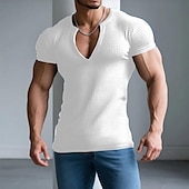 abordables Camiseta de punto gofre-Hombre Camiseta con diseño de gofre Camiseta superior Manga Corta Escote en Pico Frente Abierto Verano Todas las Temporadas Color sólido Con Texturas Moda Design Casual Escote en V Exterior Casual