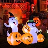 billige Halloween-Costway 6 fot lang oppblåsbar halloween-dekorasjon med 4 gresskar &amp;spøkelser med innebygde LED-lys