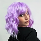 economico Parrucche da festa-Parrucca viola con frangia, parrucche corte viola chiaro per donne, parrucca ondulata caschetto viola lavanda, parrucche sintetiche per cosplay per feste di Halloween.
