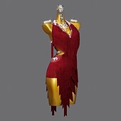 abordables Tenues de danse latine-Robe de danse latine à strass et pompons pour femmes, tenue de scène sans manches pour salsa et rumba