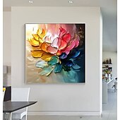 baratos Pinturas Abstratas-Pintura a óleo artesanal multicolorida com flores, pintada à mão, pétalas vibrantes em gradiente, pinceladas texturizadas empastadas, emolduradas em madeira natural, casa eclética moderna com detalhes