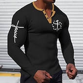olcso Vallási-Férfi Grafika Križ Jézus Henley ing Gofris póló Hosszú ujj 3D nyomtatás Dizájn Egyszerű Alkalmi Szabadtéri sport Szabadság Fesztivál Tavasz &amp; Ősz Fekete Fehér Barna Lóhere Henley Henley póló