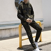 billige grunnleggende sweatsuits-Herre Hattetrøje Joggedress sweatsuit Militærgrønn Kakifarget Med hette Kamuflasje Farge 2 deler Sport &amp; Utendørs Daglig Ferie Polyester Gatemote Grunnleggende Fritid Vår Høst Klær Gensere Gensere
