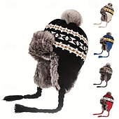 cheap Hats-Stretch Knit Plush Winter Hat with Detachable Ear Flaps &amp; Pom-Pom - Grid Pattern, Adjustable Drawstring for Outdoor Sports, Christmas Holiday - Black/White/Blue/Red, Winter Accessories