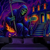 お買い得  ハロウィン壁タペストリー-ハロウィン ブラックライトタペストリー 雲の中の死神 UV反応 暗闇で光る 森 夢のような山 霧の墓地 ゴースト ハンギングタペストリー ウォールアート ミューラル リビングルーム 寝室用
