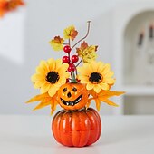 abordables Couronnes d&#039;Halloween et Décorations Florales-Décoration de bureau d&#039;automne d&#039;Halloween avec fausse citrouille, feuilles d&#039;érable et décoration lumineuse à LED pour le festival des récoltes d&#039;automne, décoration de scène d&#039;automne effrayante