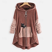 abordables Sudaderas forradas de forro polar-Mujer Chaqueta con capucha Mantiene abrigado Cómodo Retazos Cremallera Casual Gato Exterior Vacaciones Cremallera Largo Con Capucha Ajuste regular Manga Larga Ropa de calle Negro Rojo Verde Ejército