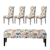 preiswerte Sofabezug-Bedruckte Stuhlhussen und Bankhussen-Sets für Esszimmerstühle, bestehend aus 5 Stück, 4 Stuhlhussen und 1 Bankhusse