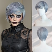 abordables Pelucas de fiesta-Peluca recta azul de 6 pulgadas para mujer: cabello corto con flequillo completo, perfecta para Halloween, cosplay y looks de fiesta de moda.
