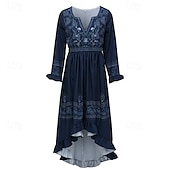 abordables Robes Bohémiennes-Femmes Robe Midi Robe bohème Robe occidentale Mode Classique Fête Sortir Week-end Coupe régulière Fleur manche longue Col en V Bleu de minuit Été