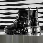 ieftine Cizme de motociclism-Ghete bărbătești negre cu șireturi și nituri gotice – ghete cu platformă punk rock pentru Halloween, concerte și ținute de stradă