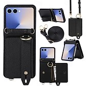 economico Cover Samsung-telefono Custodia Per Samsung Galaxy Z Flip 7 Z Flip 6 Z Flip 5 Z Flip 4 Copertura Posteriore con Cordino Cavalletto Slot per Carte Retrò TPU Pelle PU