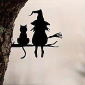 お買い得  ハロウィン-庭の木の枝に座っているかわいい魔女と猫の金属シルエットの芸術的な装飾1個。ガーデンフェスティバルの装飾に最適です。