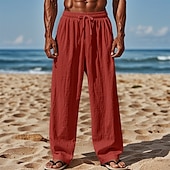 cheap Holiday-Men&#039;s Linen Pants Trousers Summer Pants Baggy Pants Beach Pants Elastic Waist Drawstring Straight Leg Plain Comfort Breathable Full Length Casual Daily Holiday Vacation Fashion White Pink Inelastic