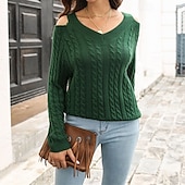 cheap Solid Colors-Women&#039;s Pullover Casual Solid Color Chunky V Neck Knitted Long Sleeve Regular Tops Knit Daily Holiday Going out Red Blue Fall Winter
