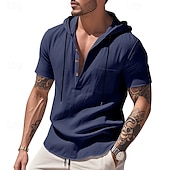 cheap Vacation-Men&#039;s Shirt Linen Shirt Popover Shirt Casual Shirt Cotton Shirt Plain Vacation Street Black White Navy Blue Brown Short Sleeve Hooded Summer Clothing Apparel Lace up