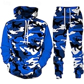 voordelige heren trainingspak en hoodie-Voor heren Trainingspak Kledingset Truien instellen Capuchon Buiten Dagelijks Sport Zak Trekkoord camouflage Blozend Roze Rood Marineblauw Grafische afdruk Polyester Sportkleding Modieus Streetwear