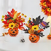 cheap Halloween Wreaths &amp; Floral Decorations-Halloween Fall Desktop Ornament with Faux Pumpkin Decoration, Maple Leaves, Pinecones and Fall Party Decor, Spooky Halloween Table Display for Harvest Festival and Autumn Home Setup