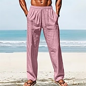 cheap Holiday-Men&#039;s Linen Pants Trousers Summer Pants Beach Pants Pocket Elastic Waist Drawstring Plain Comfort Breathable Vacation Daily Holiday Hawaiian Boho White Dark Red