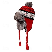 cheap Hats-Stretch Knit Plush Winter Hat with Detachable Ear Flaps &amp; Pom-Pom - Grid Pattern, Adjustable Drawstring for Outdoor Sports, Christmas Holiday - Black/White/Blue/Red, Winter Accessories