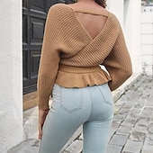 Női Pulóver Alkalmi Tömör szín Vaskos V-alakú Kötött Hosszú ujj Crop Tops Kötött Napi Szabadság Alkalmi Sárga Rubin Ősz Tél olcso Szilárd színek-Női Pulóver Alkalmi Tömör szín Vaskos V-alakú Kötött Hosszú ujj Crop Tops Kötött Napi Szabadság Alkalmi Sárga Rubin Ősz Tél