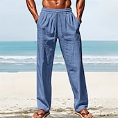 cheap Holiday-Men&#039;s Linen Pants Trousers Summer Pants Beach Pants Pocket Elastic Waist Drawstring Plain Comfort Breathable Vacation Daily Holiday Hawaiian Boho White Dark Red