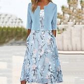 ieftine Tipăriți rochii florale-Pentru femei Rochii Midi Rochie casual Set de rochii Modă Modern Zilnic Plajă Sfârșit de săptămână Fit regulat Floare Manșon Jumate În V Alb Roz Îmbujorat Kaki Albastru Deschis Primăvară Toamnă