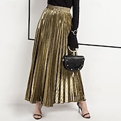 abordables Jupes Maxi-Femmes Jupe Mode Occasionnel Maxi Taille haute Jupes Uni Plissé Micro-Élastique Décontracté Quotidien Week-end Argent Noir Dorée Rouge Été Polyester