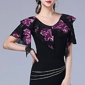 cheap Tops &amp; Sets-Latin Dance Top Printing Splicing Women&#039;s Performance Training Short Sleeve High Polyester