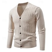 cheap Men&#039;s Cardigan Sweater-Men&#039;s Cardigan Sweater Cropped  Sweater Knit Sweater Ribbed Knit Regular Tops Buttons Jacquard Plain V Neck Fashion Classic Vacation Daily Wear Clothing Apparel Fall Winter Black Navy Blue S M L