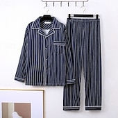 cheap Men&#039;s Pajamas-Men&#039;s Sleepwear Pajama Set Pajama Top and Pant 1 set Stripe Fashion Stylish Classic Home Daily Bed Polyester Comfort Soft Breathable Lapel Long Sleeve Shirt Pant Elastic Waist Buttons Spring Fall