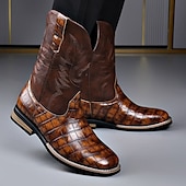 levne Cowboy &amp; Western Boots-Pánské hnědé westernové boty s krokodýlím potiskem a umělou kůží – exotická kovbojská obuv pro ležérní příležitosti a venkovské příležitosti