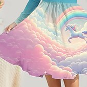 billige 3D Unicorn kjole-Jenter&#039; 3D enhjørning Kjole Langermet Sommer Vår Feriereise Daglig Ferie Prinsesse Vakker Søt Barn 4-12 år Uformell kjole Kjole med A-linje Knelang Normal