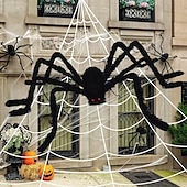お買い得  ハロウィンの屋外装飾-16.5フィートの大きな蜘蛛の巣 + 5フィートの毛深い蜘蛛 &amp;伸縮性のあるクモの巣、ハロウィーンの飾り、恐ろしい偽のクモ、三角形の巨大なクモの巣、屋外屋内お化け屋敷ポーチ庭用の大型小道具