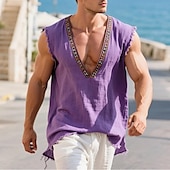abordables Débardeurs-Homme Débardeur en lin T-shirt sans manches Sans manches Col en V Été Uni Mode Designer Bohème Flexible Vacances Occasionnel Décontracté Quotidien Violet T-shirt haut de gamme pour homme