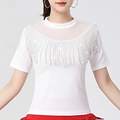 levne Oblečení na latinskoamerické tance-Latinské tance Vrchní deska Čistá Barva Barevně dělené Flitry Dámské Výkon Trénink Krátký rukáv Polyester