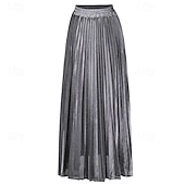 abordables Jupes Maxi-Femmes Jupe Mode Occasionnel Maxi Taille haute Jupes Uni Plissé Micro-Élastique Décontracté Quotidien Week-end Argent Noir Dorée Rouge Été Polyester