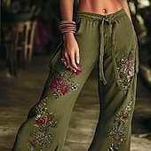 abordables pierna ancha y cintura alta-Pantalones anchos bohemios para mujer, largos, con estampado de flores naturales, bolsillos y cordón elástico, cómodos para exteriores, vacaciones, fin de semana, color verde, corte regular.
