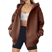voordelige Textured Hoodies en Sweatshirts-Dames Hoodies met rits Effen Casual Lange mouw Capuchon Normale tops Straat Feestdagen Uitgaan Vetoketju Zak blauw Bruin Licht Grijs Herfst Winter