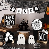 Недорогие Хэллоуинская маска и реквизит-Набор из 15 розовых многоярусных подносов для декора на Хэллоуин, милые деревянные таблички с привидениями и украшения в фермерском стиле для дома, стола и вечеринок