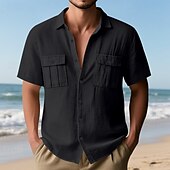 voordelige Vakantie-Voor heren Overhemd Linnen overhemd Zomer overhemd Strand Kleding Overhemd met knopen Cargoshirt Effen Kleur Vakantie Straat Zwart Wit Marineblauw blauw Korte mouw Strijkijzer Zomer Lente Kleding Zak