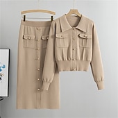 abordables Ensembles chemisiers pour femmes-Femmes Robe Ensemble Robe fourreau Occasionnel Robes semi-formelles Uni Avec Poches Robe Midi manche longue Col de chemise Extérieur Date Noir Kaki Abricot Automne Coupe Ample
