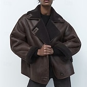 preiswerte Kunstlederjacken-Damen Fleecejacke Freizeitjacke Wildlederweste Winddicht Warm Tasche Mode Modern Lässig Einfarbig Ausgehen Wochenende Einreihig Regulär Revers Normale Passform Langarm Oberbekleidung Braun Beige