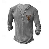 levne Ležérní tričko Henley-Pánské Tričko Henley Trička Tričko Top Tričko s dlouhým rukávem Dlouhý rukáv Henley Léto Podzim Vzor Jelen Módní Designové Móda Retro Dovolená ulice Jdeme ven Tmavě šedá Černá Bílá Top tričko pro muže