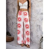 abordables jambe large et taille haute-Femmes Jambe large Chinos Vacances ancien Mode Longueur complète Taille haute Fleuri Ceinture Élastique Impression Confortable Doux Micro-Élastique Extérieur Vacances Rue Blanche Jaune Rose Claire