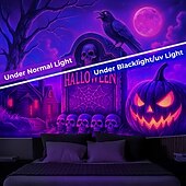 ieftine tapiserii de perete de Halloween-Tapiserie Hallaoween cu lumină neagră, reactivă UV, care strălucește în întuneric, pădure, munte trippy, cețos, cimitir, fantomă, tapiserie suspendată, artă murală pentru perete, living, dormitor